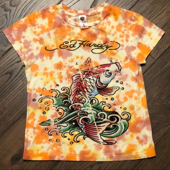 Ed Hardy Tee T-shirt Tie-Dye Koi Fish/Geisha Graphic Short Sleeve Top Small - Picture 5 of 8
